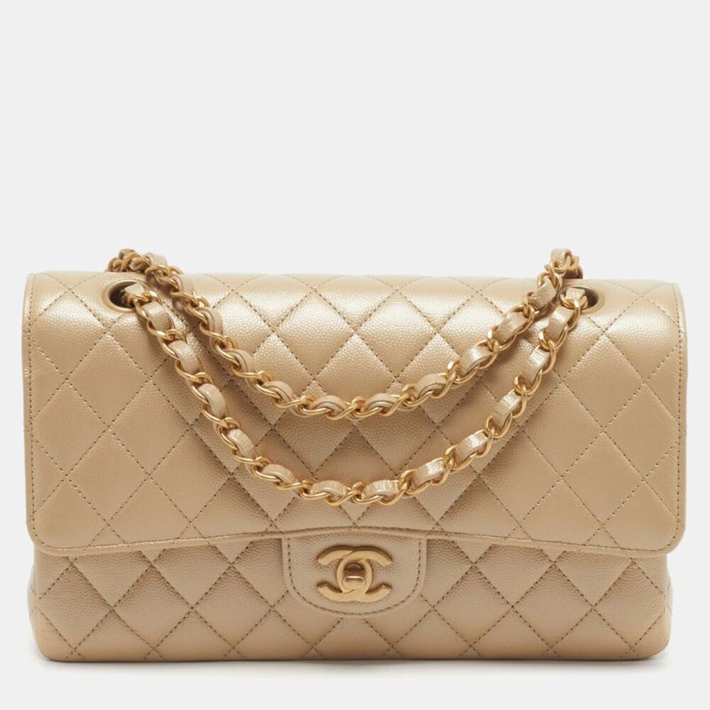Chanel Classic Double Flap Medium Metallic Beige Quilted Caviar Leather